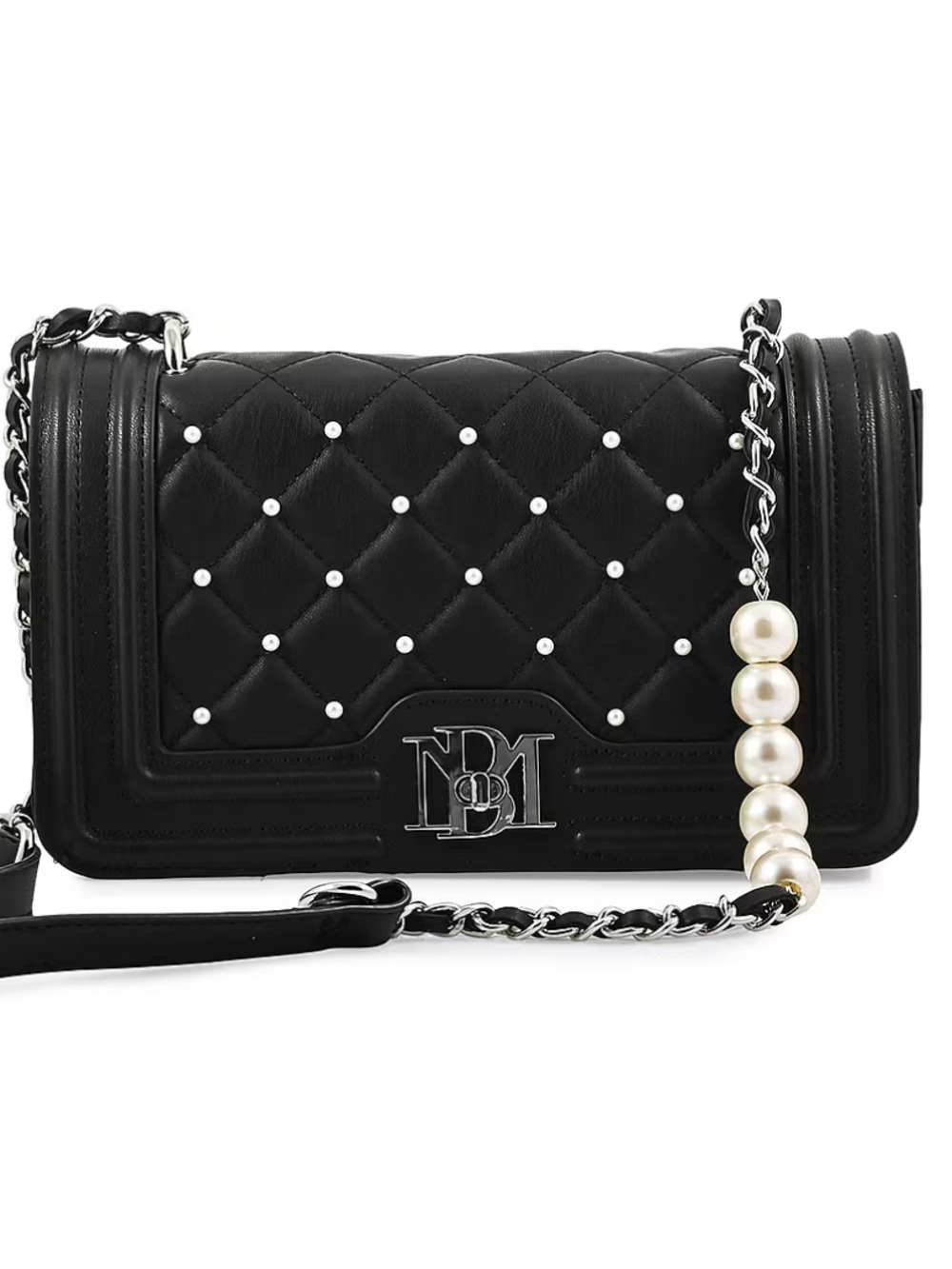 BADGLEY MISCHKA CROSSBODY BAG Diamond Quilted Pearl STUDS Silver Chain NWT $99